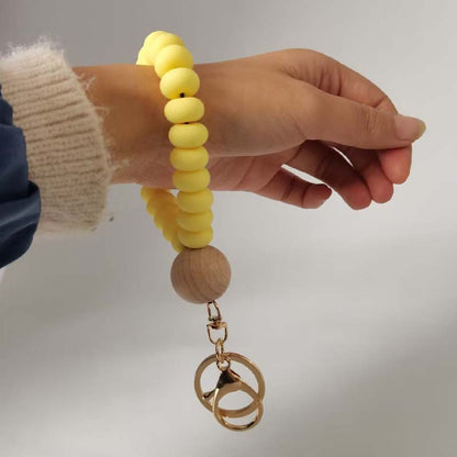 Flat Silicone Bead Wristlet Keychain with Wooden Accent 3