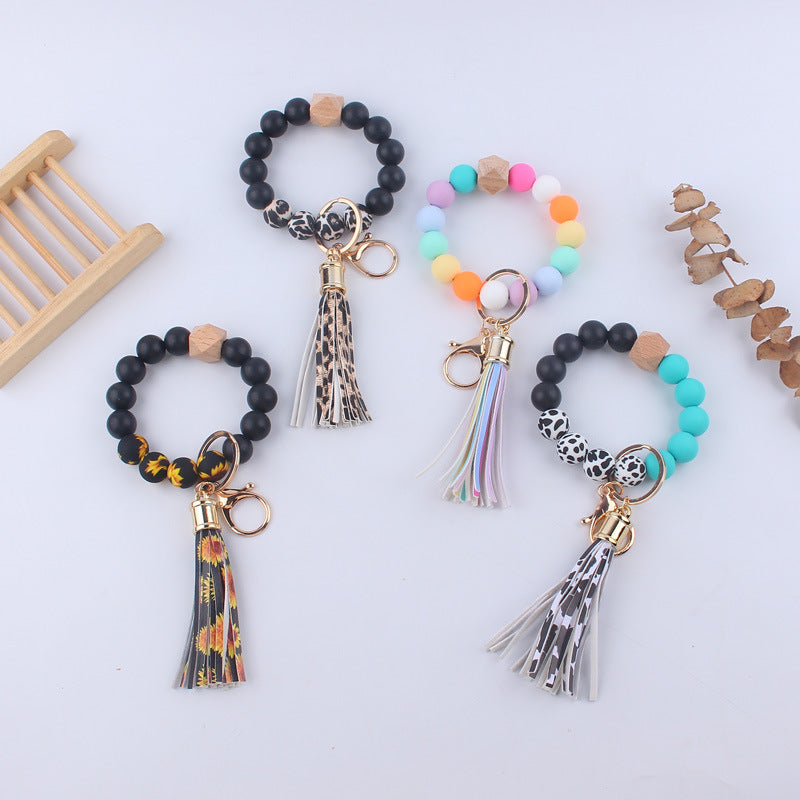 Leopard Print Silicone Bead Wristlet Keychain PU Tassel Charm 2
