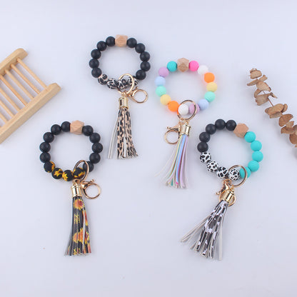 Leopard Print Silicone Bead Wristlet Keychain PU Tassel Charm 2