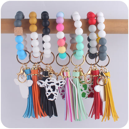 Western Cow Silicone Bead Wristlet Keychain PU Leather Tassel 2