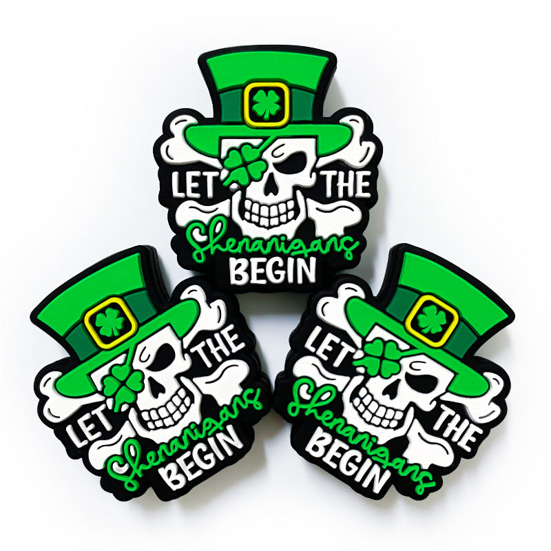 20Pcs Silicone Focal Beads Lucky Grass Pirate Skull Wearing Green Hat 4