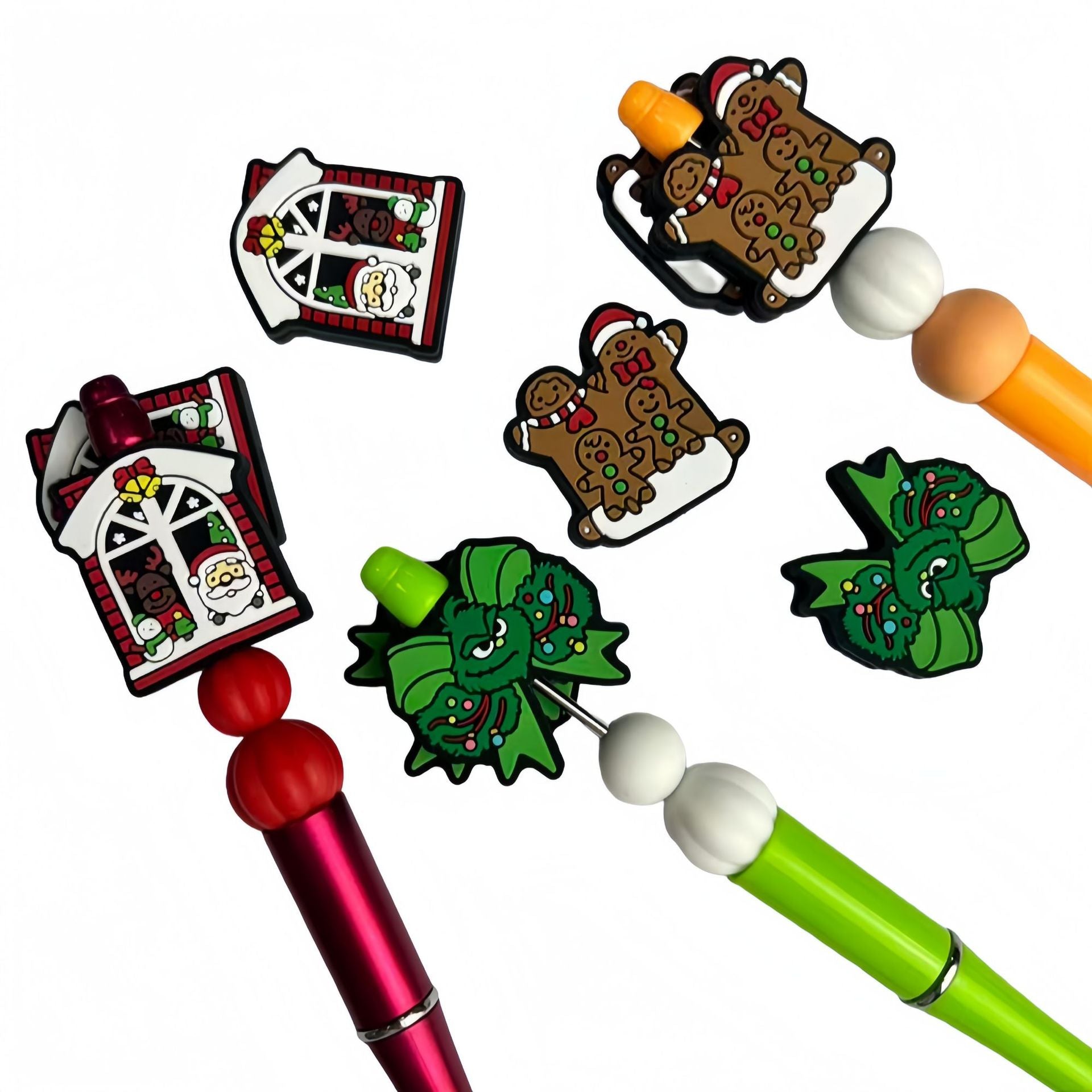20Pcs Silicone Focal Beads Christmas Gingerbread Man Green Bow House 5