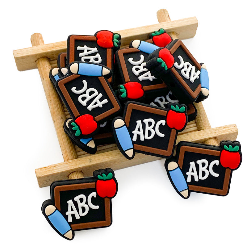 20pcs Silicone Focal Beads Teacher Blackboard with Apple and Pencil 2