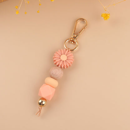 Daisy Silicone Bead Keychain with Wooden Round Bead Charm 9