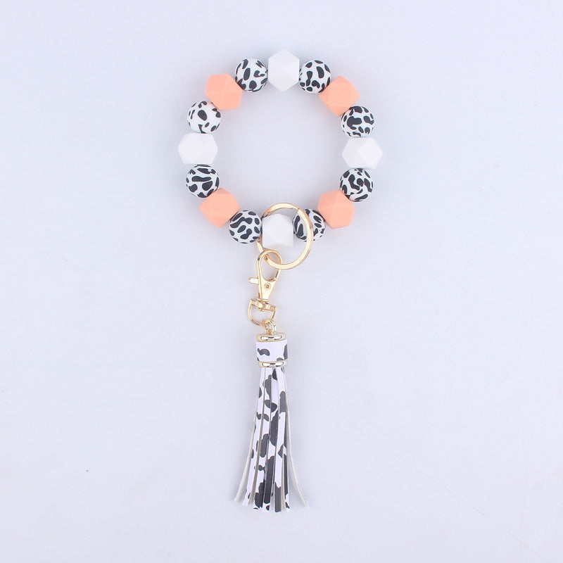 Leopard Print Silicone Bead Wristlet Keychain Tassel Charm 8