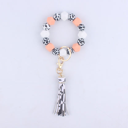 Leopard Print Silicone Bead Wristlet Keychain Tassel Charm 8