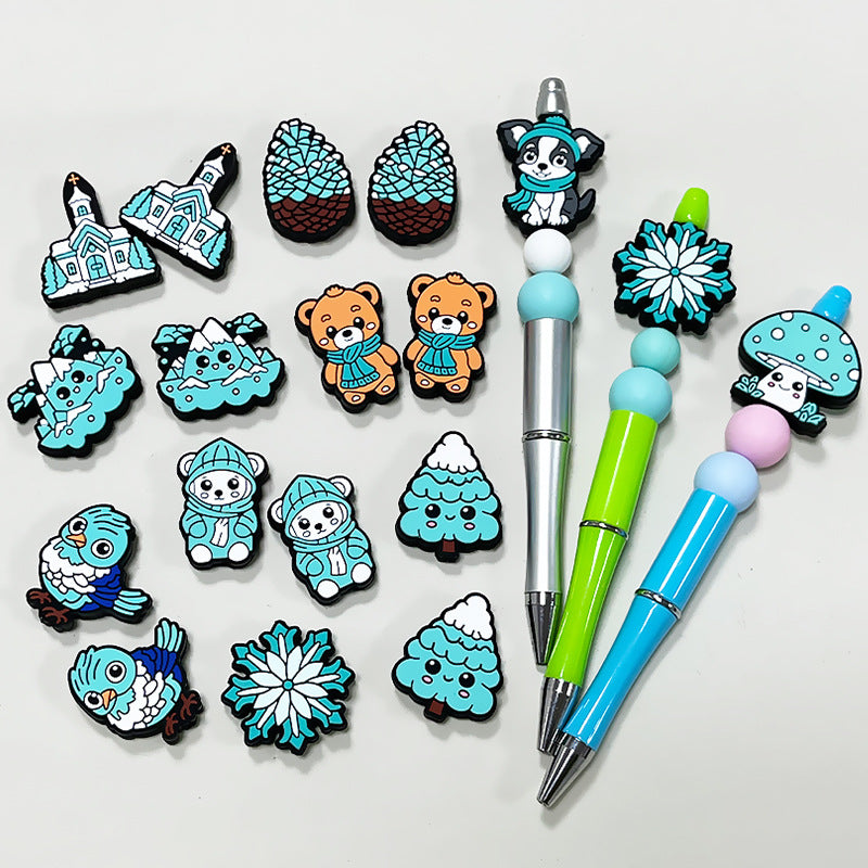 Silicone Focal Beads Winter Blue Tree Pinecone Animal Flower Design 4