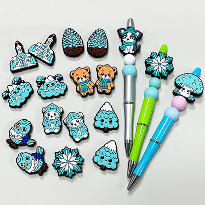 Silicone Focal Beads Winter Blue Tree Pinecone Animal Flower Design 4