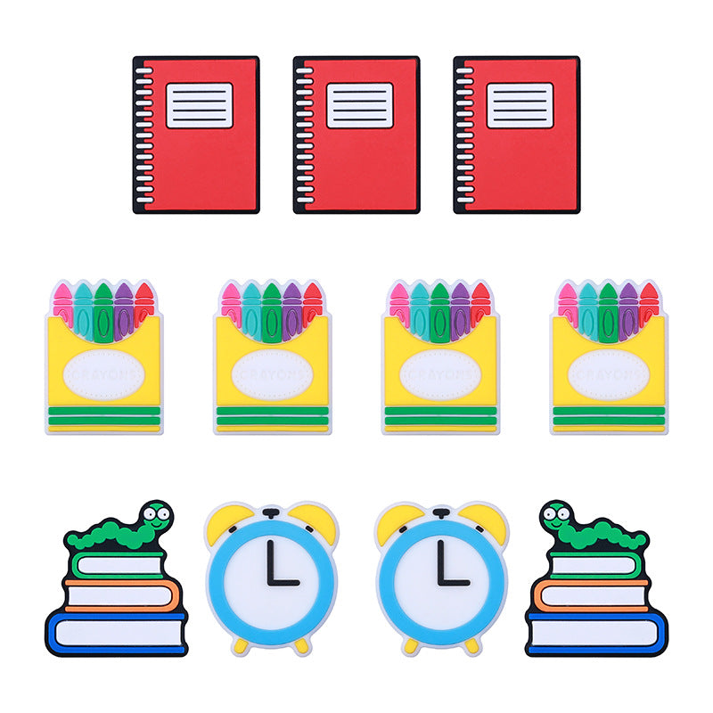 20pcs Silicone Focal Beads Crayon Alarm Clock Bookworm with Layered Detail