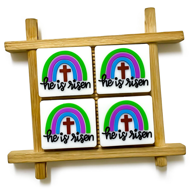20Pcs Silicone Focal Beads Rainbow Cross With Text He Is Risen 3