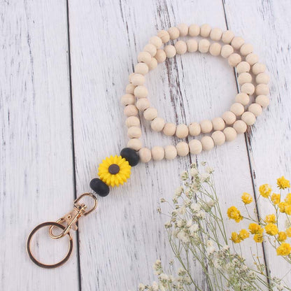 Daisy Silicone Bead Wristlet Keychain with Wooden Beads 10