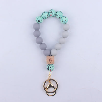 Octagonal Silicone Bead Wristlet Keychain with Wooden Accent 8
