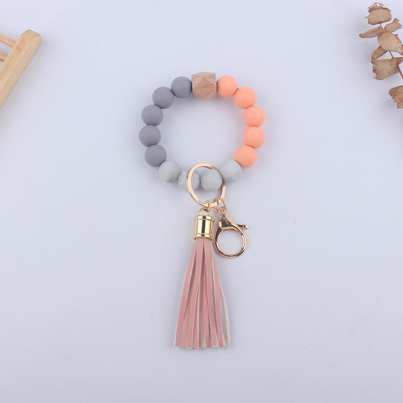 Leopard Print Silicone Bead Wristlet Keychain PU Tassel Charm 10