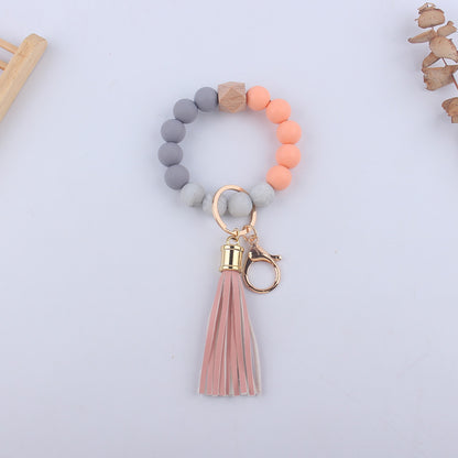 Leopard Print Silicone Bead Wristlet Keychain PU Tassel Charm 10