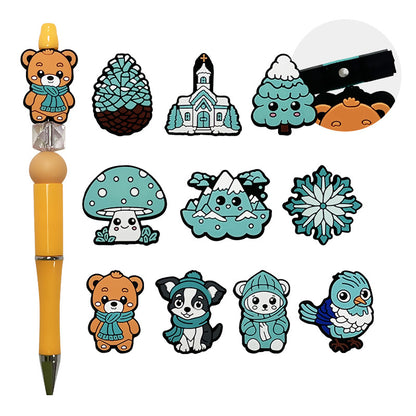 Silicone Focal Beads Winter Blue Tree Pinecone Animal Flower Design 2