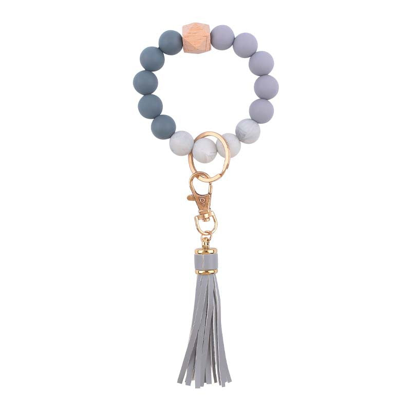 PU Tassel Silicone Bead Wristlet Keychain with Wooden Bead 16