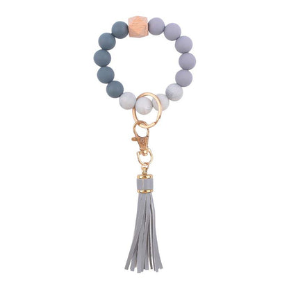 PU Tassel Silicone Bead Wristlet Keychain with Wooden Bead 16