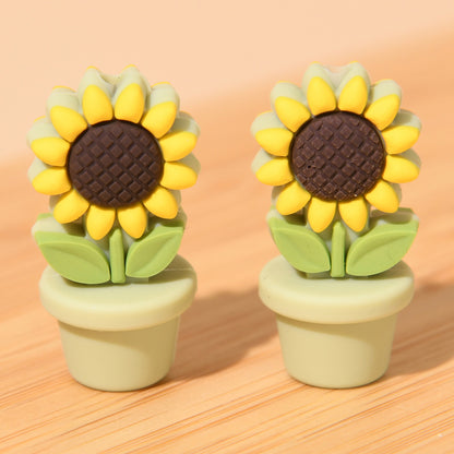 20pcs Silicone Focal Beads Flower Pot Sunflower Yellow White Flower Design 7