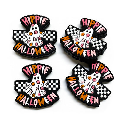 20Pcs Silicone Focal Beads Halloween Ghost with Checkerboard and Flower Detail 2