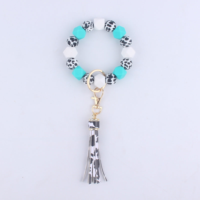 Leopard Print Silicone Bead Wristlet Keychain Tassel Charm 11