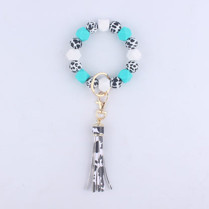 Leopard Print Silicone Bead Wristlet Keychain Tassel Charm 11
