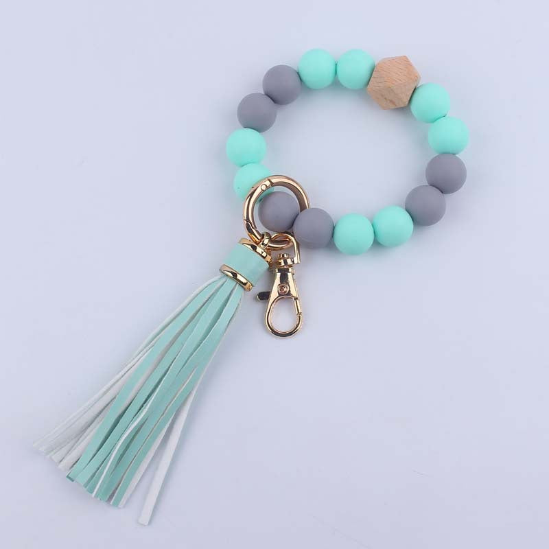Leather Tassel Octagonal Silicone Bead Wristlet Keychain 10