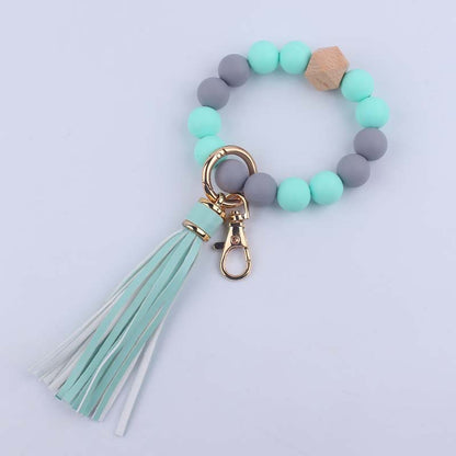 Leather Tassel Octagonal Silicone Bead Wristlet Keychain 10