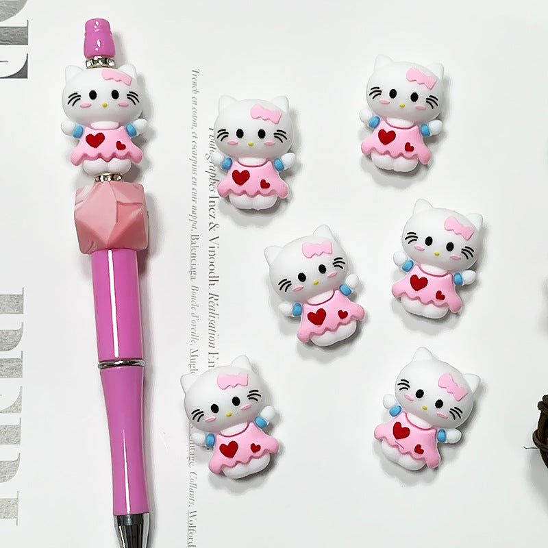 3D Silicone Focal Beads Cute White Kitty Cat Wearing Pink Dress 6