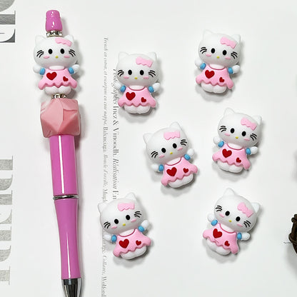 3D Silicone Focal Beads Cute White Kitty Cat Wearing Pink Dress 6