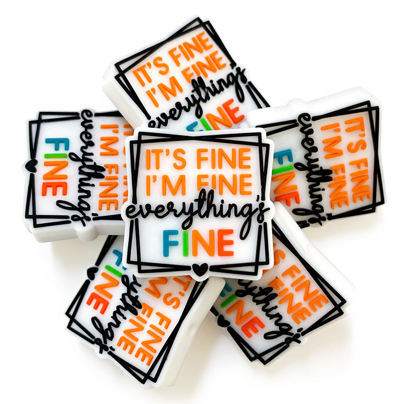 20Pcs Silicone Focal Beads Cartoon Square It's Fine with Printed Text