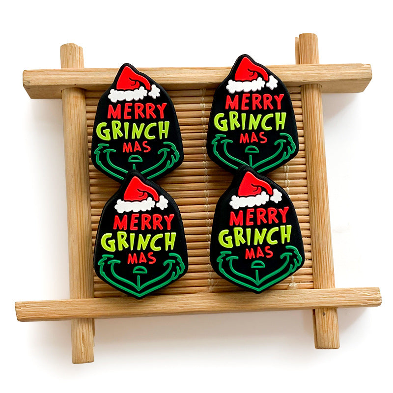 20Pcs Silicone Focal Beads Green Furry Character Scowling Face Wearing Santa Hat 4