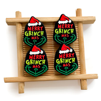 20Pcs Silicone Focal Beads Green Furry Character Scowling Face Wearing Santa Hat 4