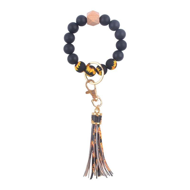 PU Tassel Silicone Bead Wristlet Keychain with Wooden Bead 9