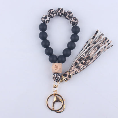 Beech Wood with Eyes Octagonal Tassels Silicone Bead Wristlet Keychain 8