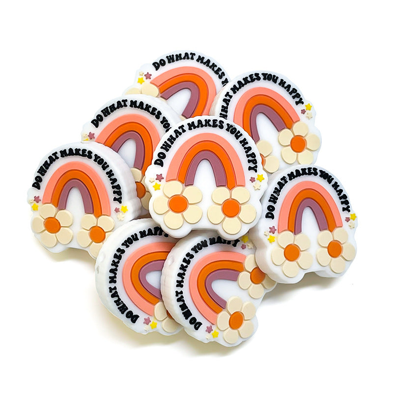 20Pcs Silicone Focal Beads Flower Rainbow With Text Do What Makes You Happy 3