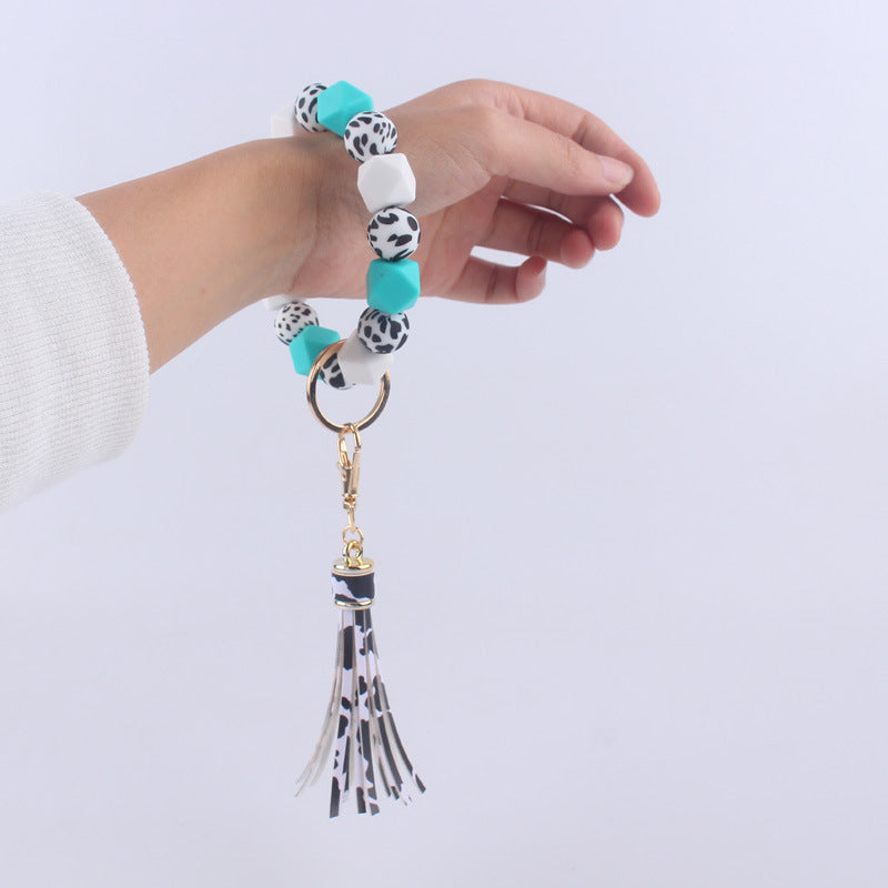 Leopard Print Silicone Bead Wristlet Keychain Tassel Charm 3