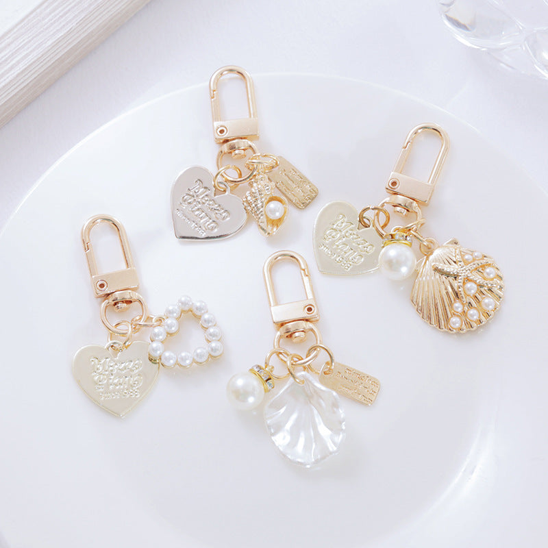 Cute Shell Metal Keychain with Pearl and Heart Charms 2