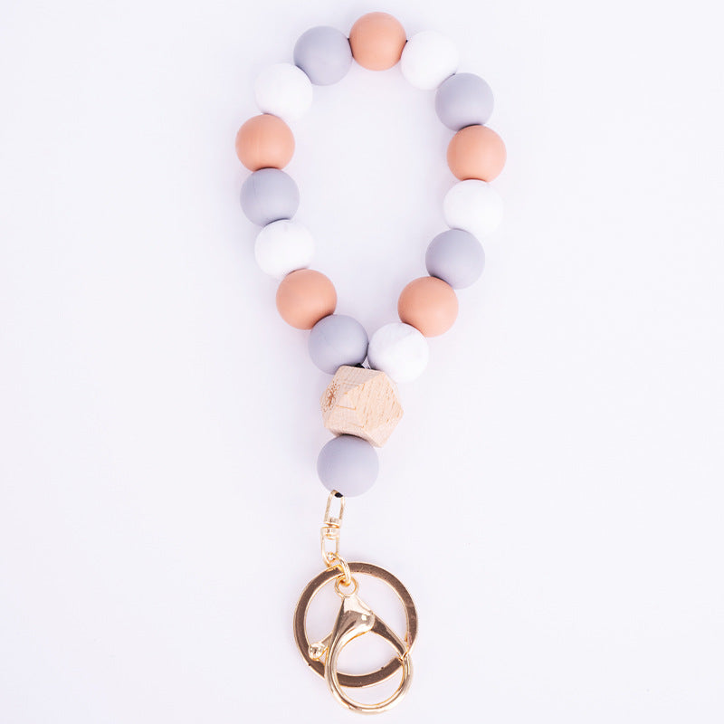 Silicone Bead Bracelet Keychain with Wooden Bead Accent 13
