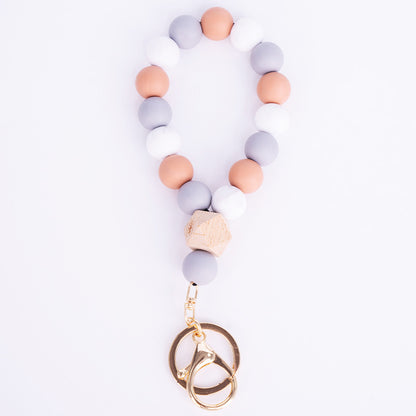 Silicone Bead Bracelet Keychain with Wooden Bead Accent 13