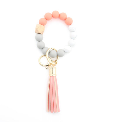 Silicone Bead Wristlet Keychain with Wooden Hexagon Bead Tassel 16