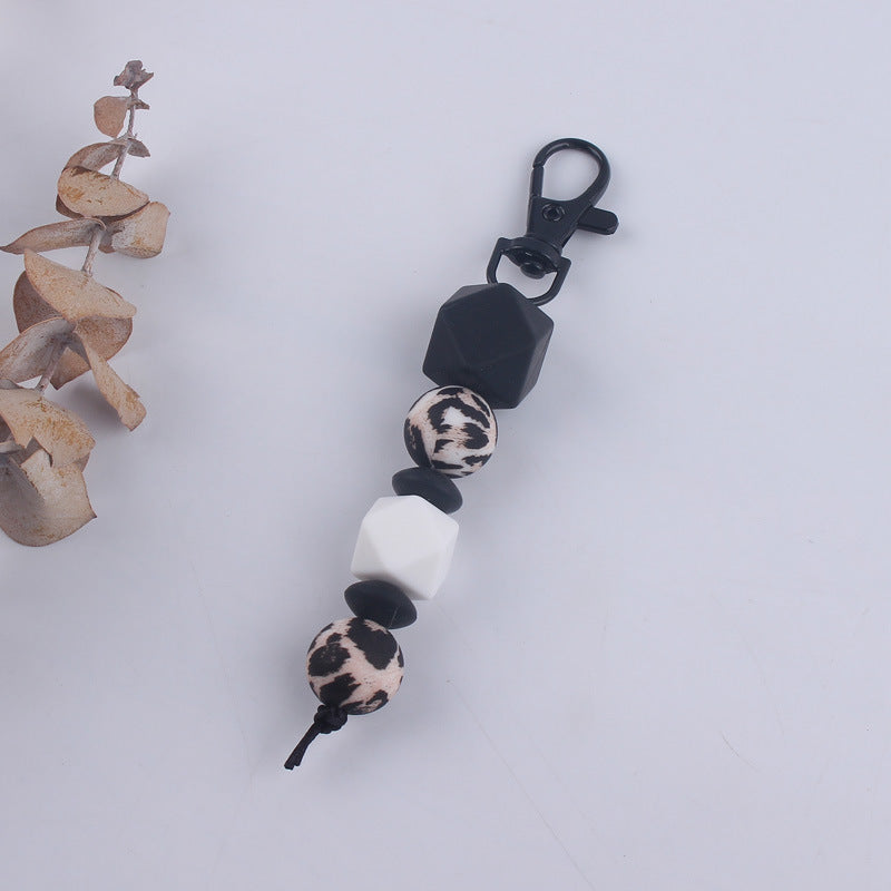Leopard Print Silicone Bead Keychain with Geometric Beads Charm 6