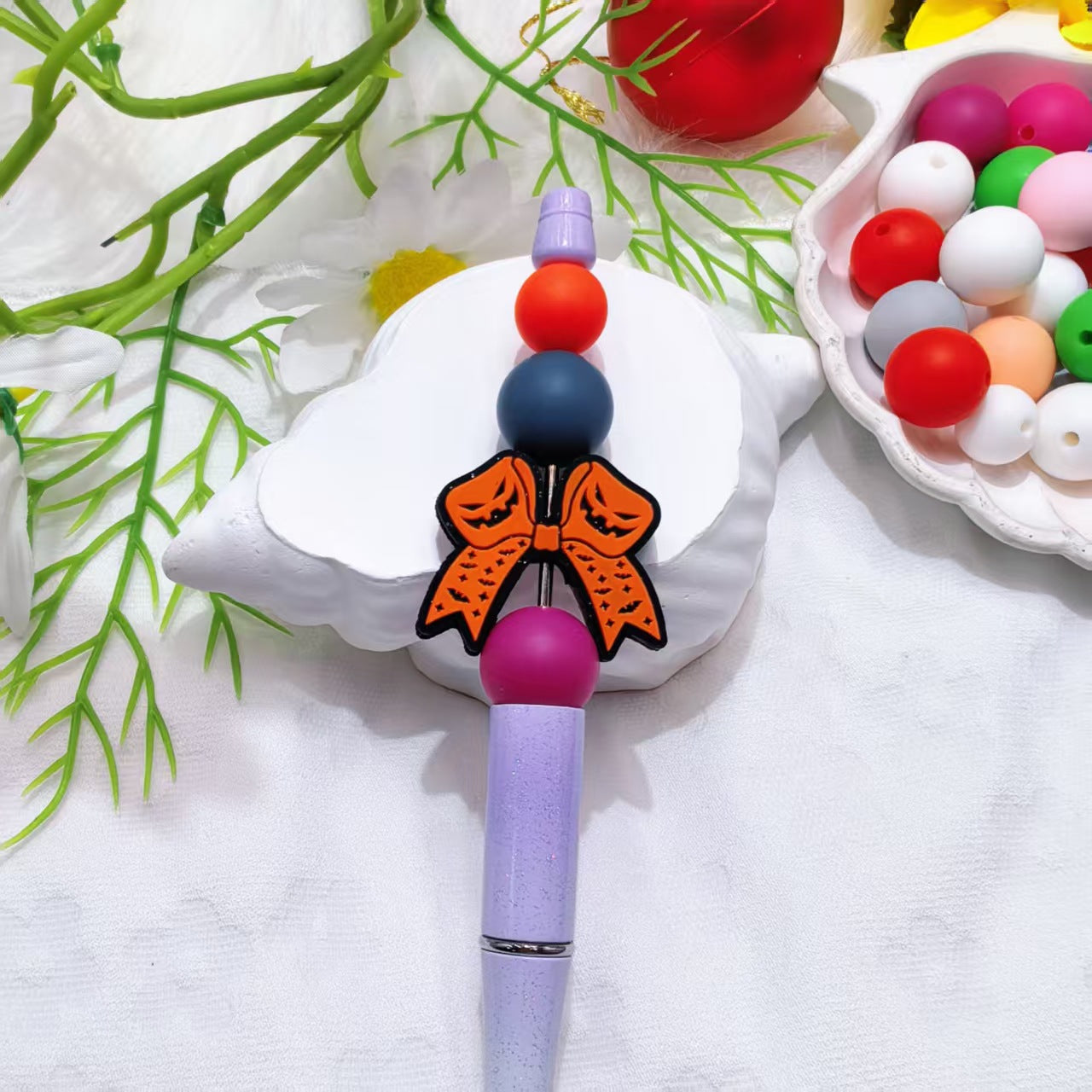 20Pcs Silicone Focal Beads Halloween Car Pumpkin Bow 8