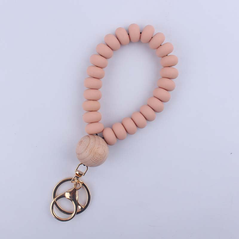 Flat Silicone Bead Wristlet Keychain with Wooden Accent 5