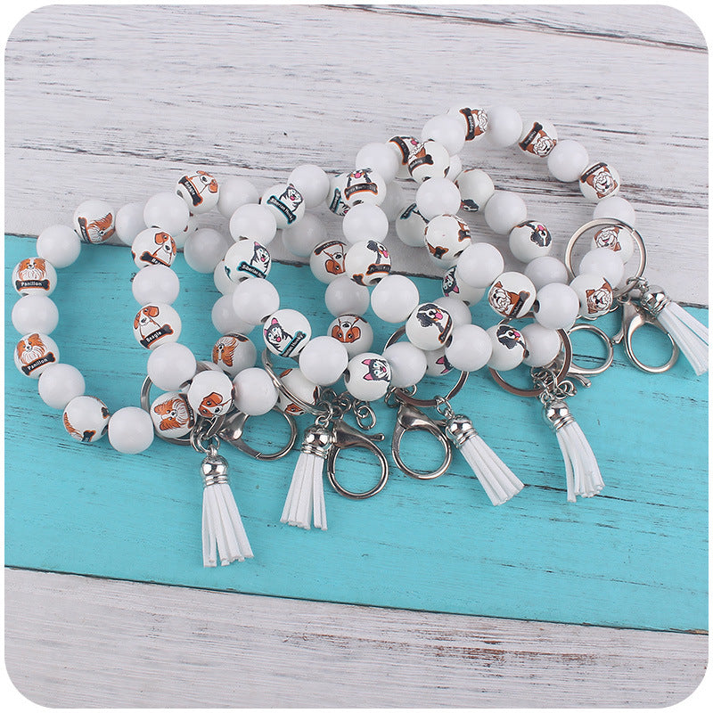 Wooden Dog Tassel Silicone Bead Wristlet Keychain with Charm 2