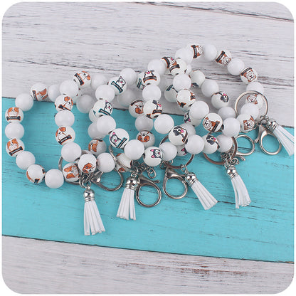 Wooden Dog Tassel Silicone Bead Wristlet Keychain with Charm 2