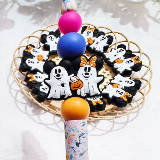 20Pcs Silicone Focal Beads Ghost Round Ear Mouse Character with Pumpkin Accessory