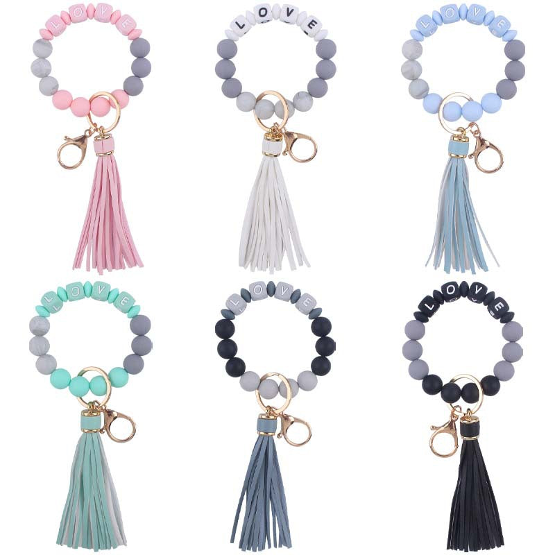 Letter LOVE Silicone Bead Wristlet Keychain PU Leather Tassel