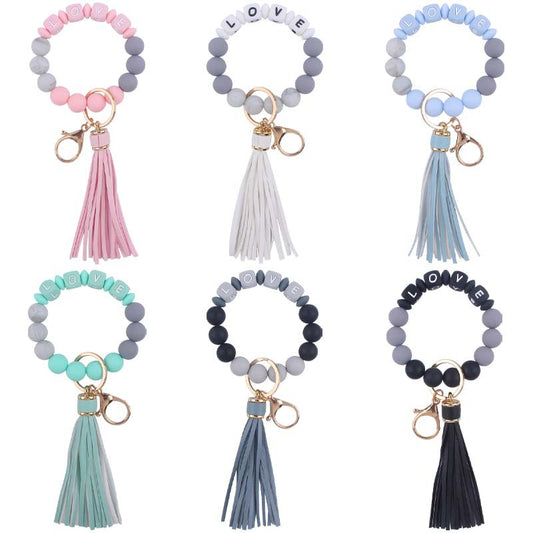 Letter LOVE Silicone Bead Wristlet Keychain PU Leather Tassel