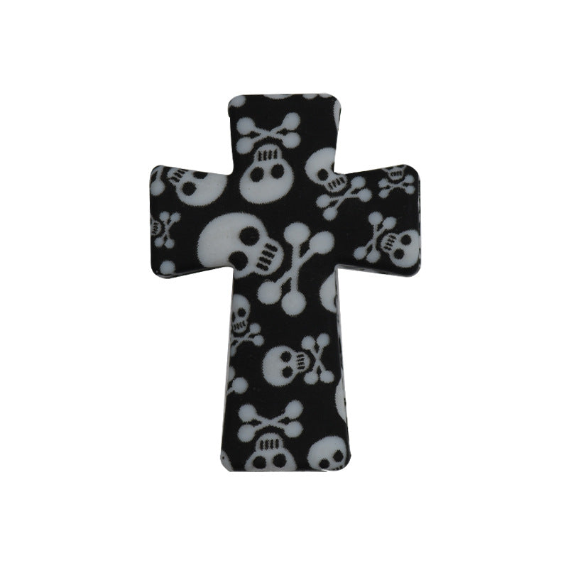 20pcs Silicone Focal Beads Printed Cross With Varied Color Patterns 10