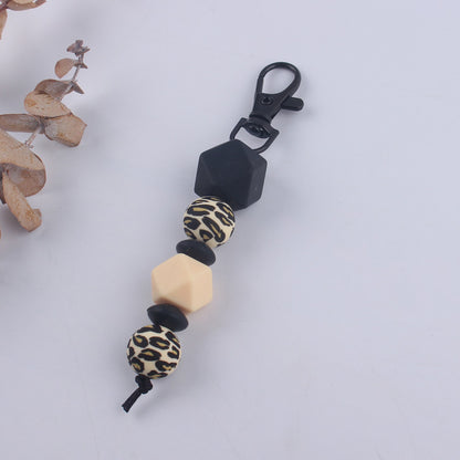 Leopard Print Silicone Bead Keychain with Geometric Beads Charm 13